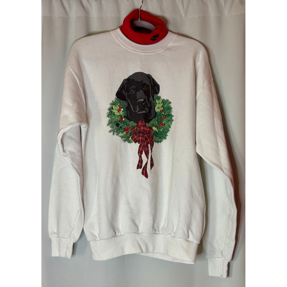 Vintage 90s Orvis Black Lab Christmas Sweatshirt Made in USA Medium Mock Mom Dog